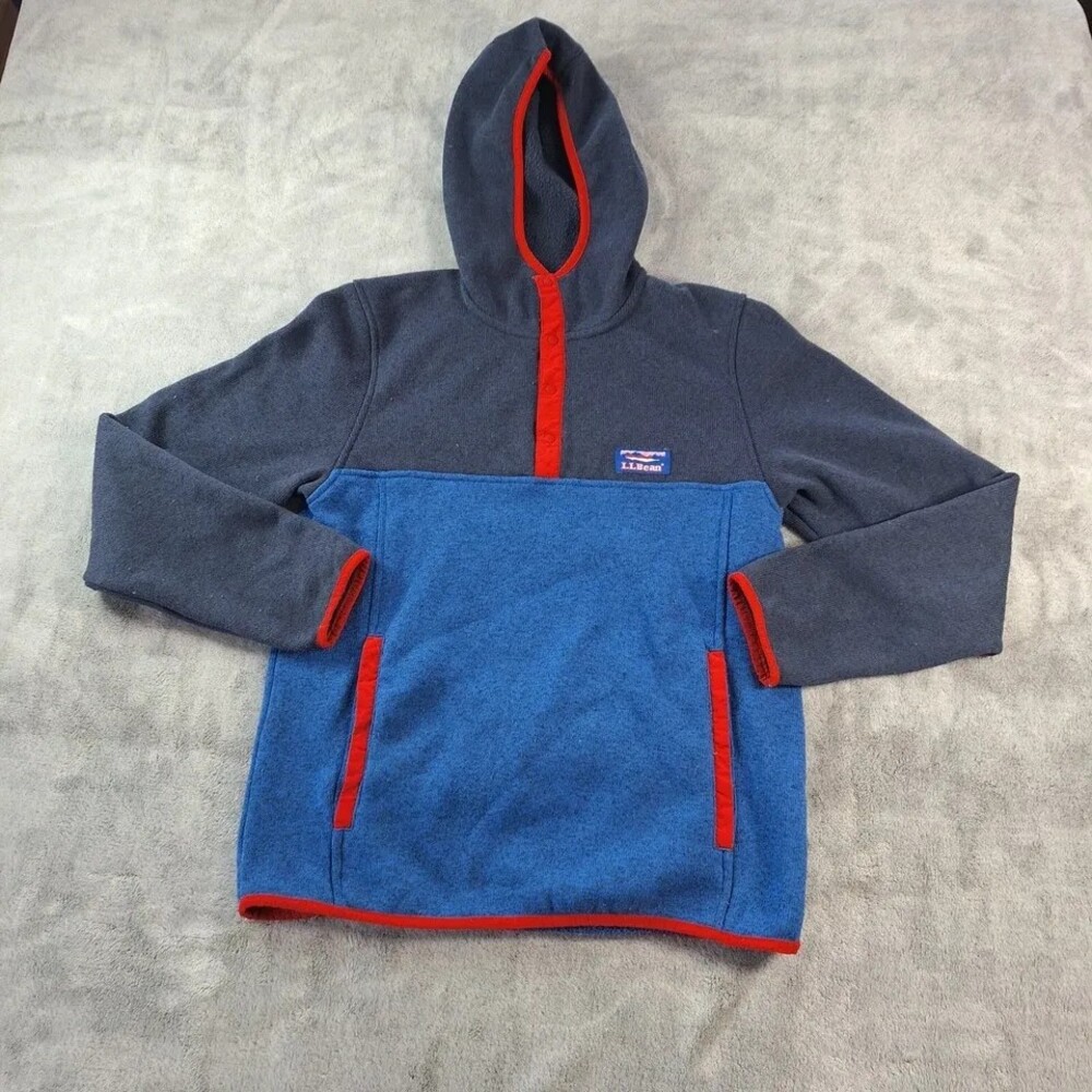 L.L. Bean Hoodie Mens Small Blue Gray Snap Fleece Sweatshirt Kangaroo Logo